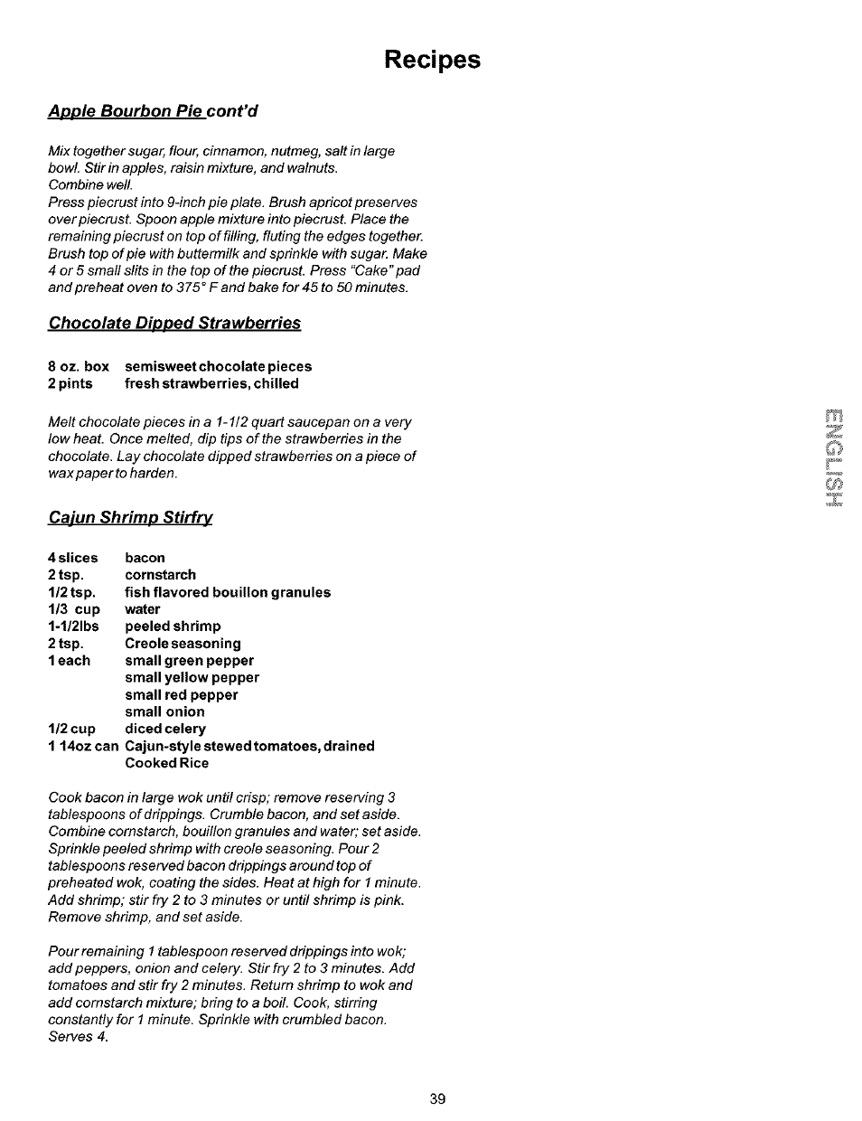 Recipes, Aoole bourbon pie cont’d, Chocolate dipped strawberries | Cajun shrimp stirfry | Kenmore 790.99019 User Manual | Page 39 / 40