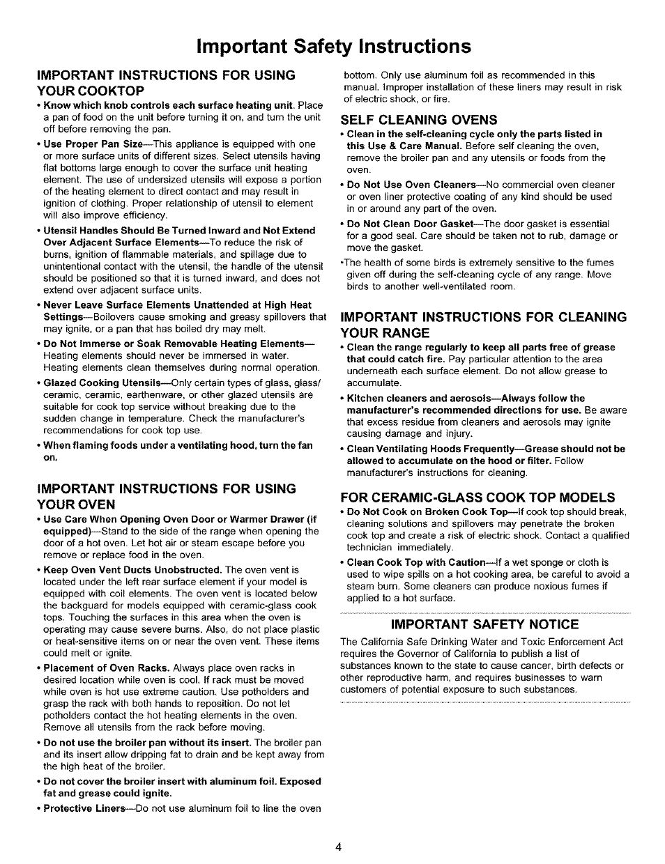 Important instructions for using yourcooktop, Important instructions for using your oven, Self cleaning ovens | Important instructions for cleaning your range, For ceramic-glass cook top models, Important safety notice, Important safety instructions -5, Important safety instructions | Kenmore 790.99019 User Manual | Page 4 / 40