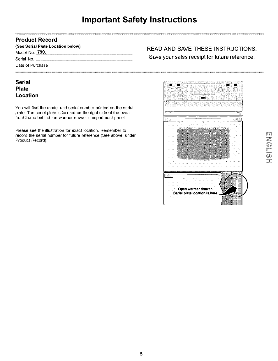 Product record, Sériai, Plate | Location, Important safety instructions | Kenmore 790.99019 User Manual | Page 5 / 40