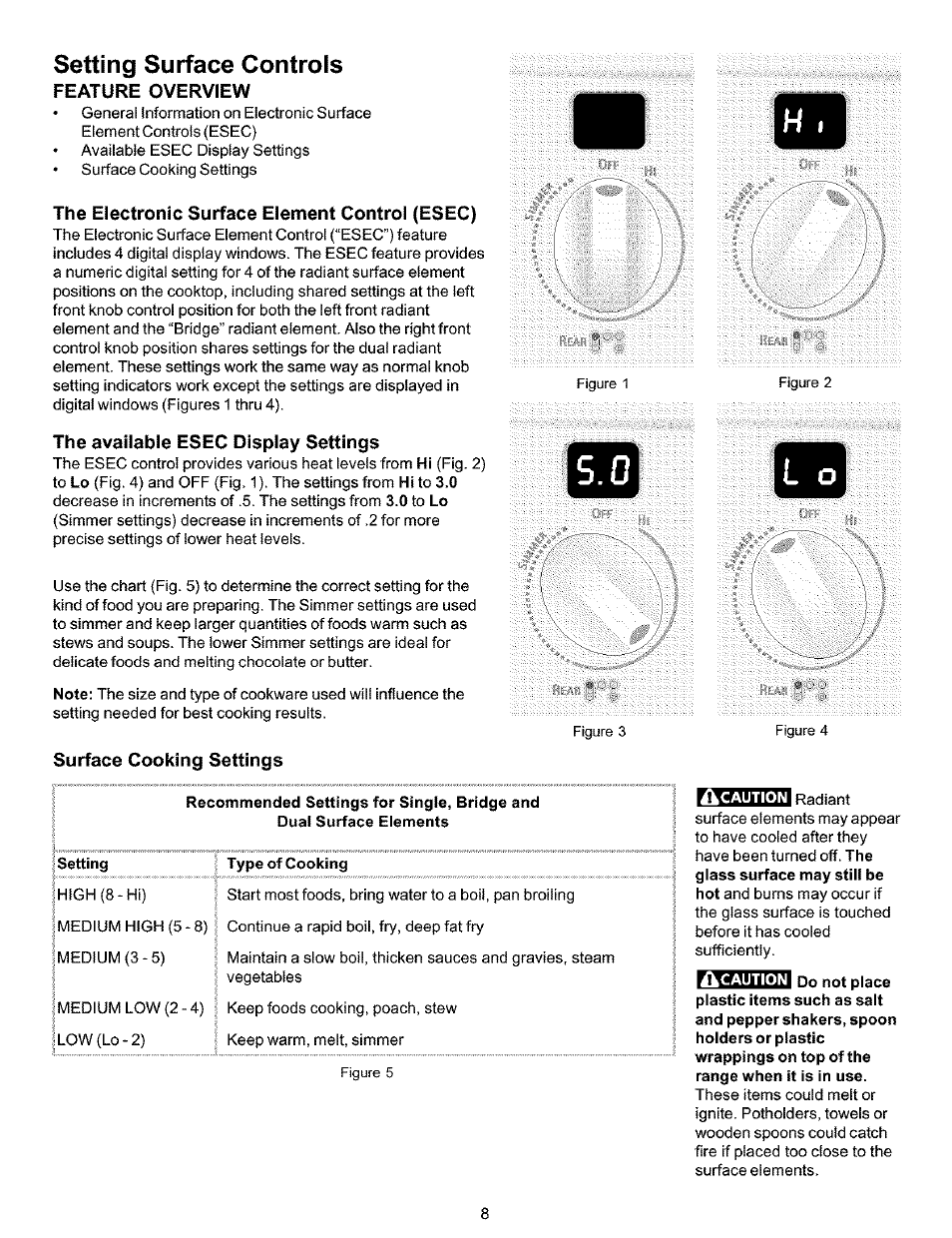 Feature overview, The electronic surface element control (esec), The available esec display settings | Surface cooking settings, Setting surface controls | Kenmore 790.99019 User Manual | Page 8 / 40