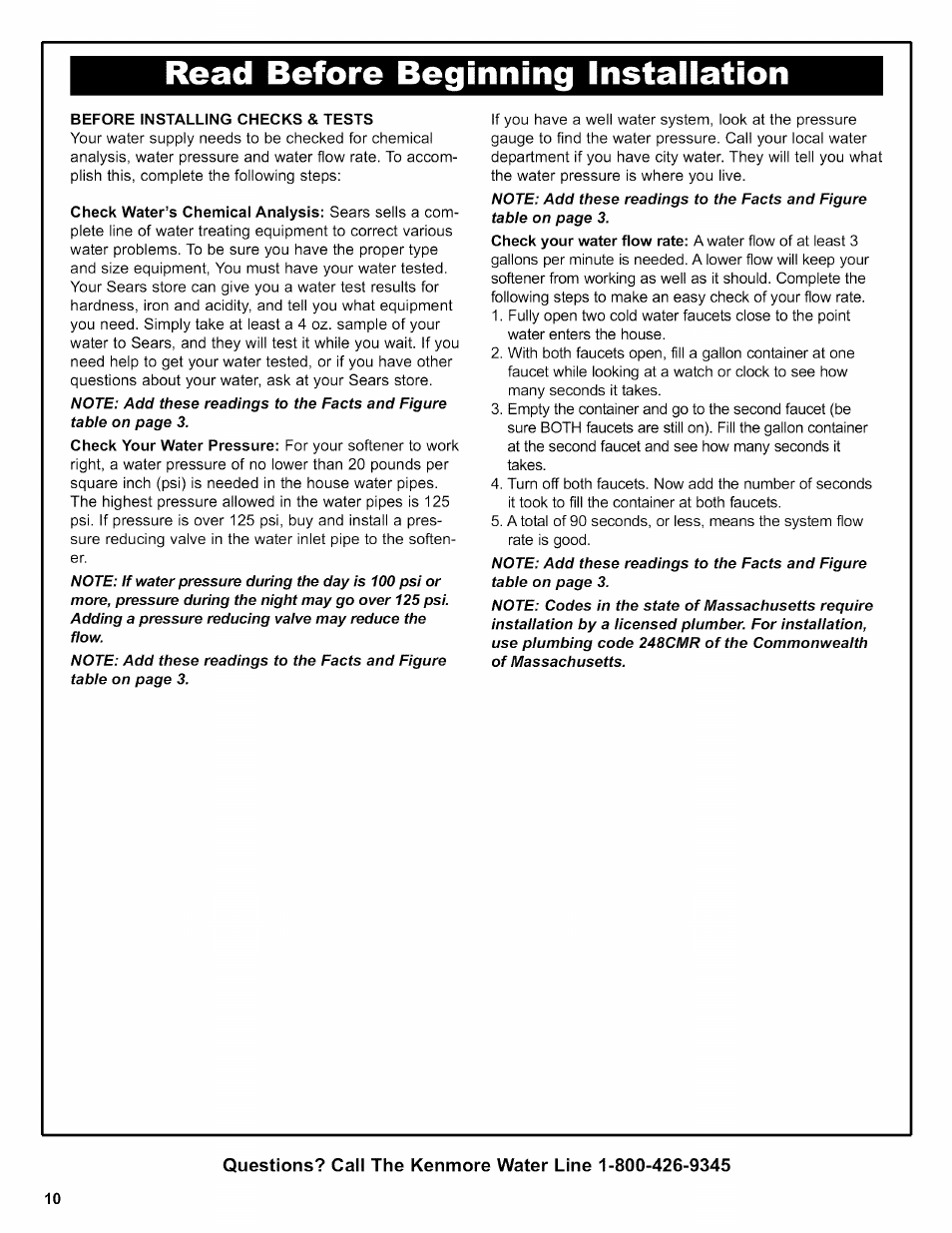 Read before beginning installation, Before installing checks & tests | Kenmore 625.38356 User Manual | Page 10 / 48