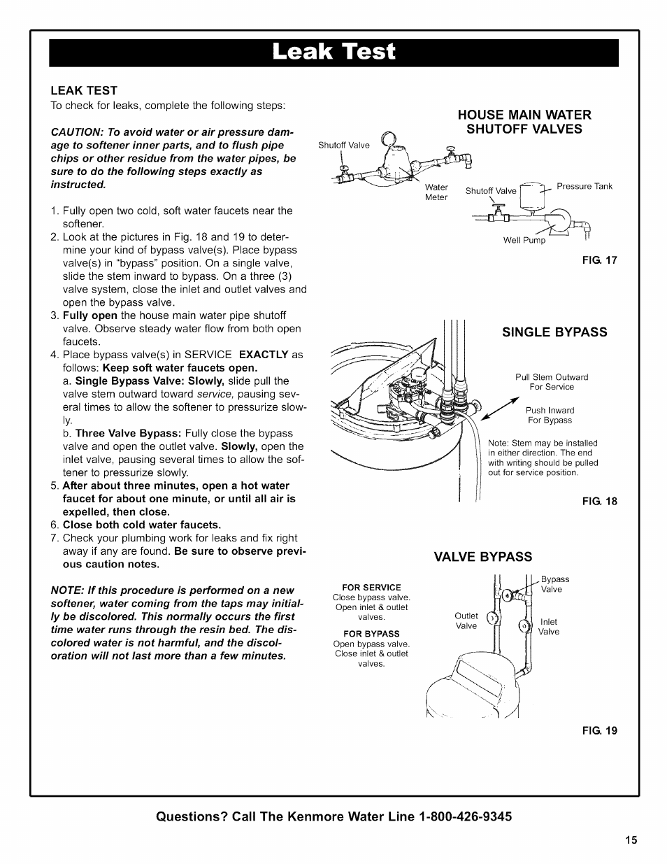 Leak test, Close both cold water faucets, House main water | Valve bypass, Fig. 19, House main water valve bypass | Kenmore 625.38356 User Manual | Page 15 / 48