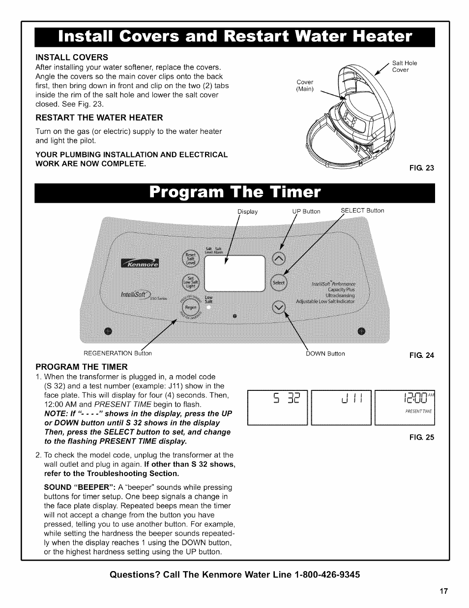 Install covers and restart water heater, Install covers, Restart the water heater | Program the timer, Program the timer -18 | Kenmore 625.38356 User Manual | Page 17 / 48