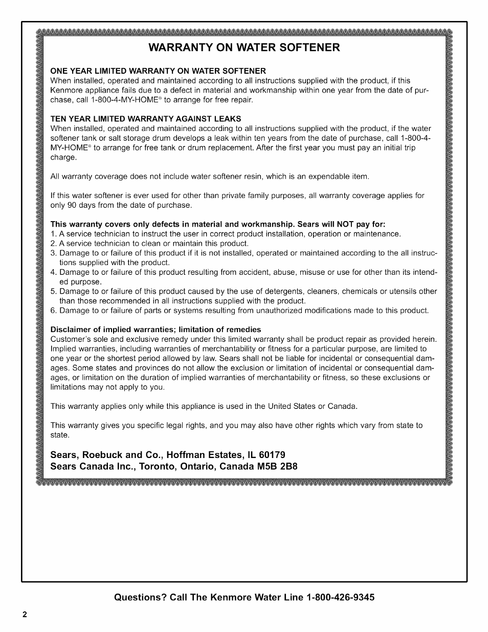 One year limited warranty on water softener, Ten year limited warranty against leaks, Warranty on water softener | Kenmore 625.38356 User Manual | Page 2 / 48