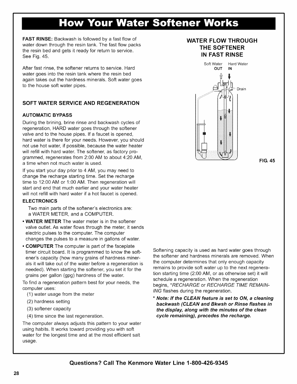 Electronics, Water flow through the softener in fast rinse, Fig. 45 | How your water softener works | Kenmore 625.38356 User Manual | Page 28 / 48