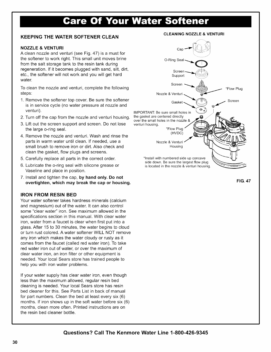 Keeping the w/vter softener clean nozzle & venturi, Iron from resin bed, Care of your water softener | Kenmore 625.38356 User Manual | Page 30 / 48