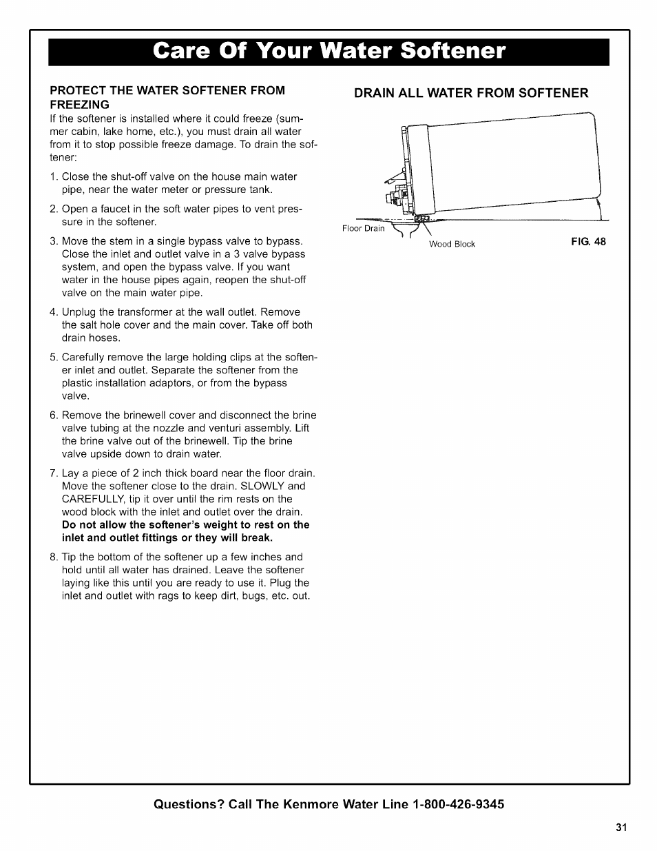 Protect the water softener from freezing, Care of your water softener | Kenmore 625.38356 User Manual | Page 31 / 48