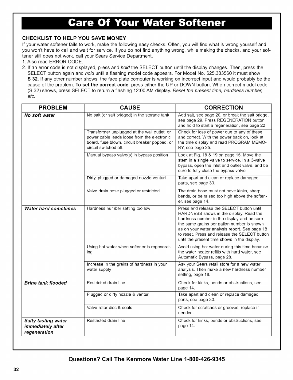 Checklist to help you save money, Care of your water softener, Problem cause correction | Kenmore 625.38356 User Manual | Page 32 / 48