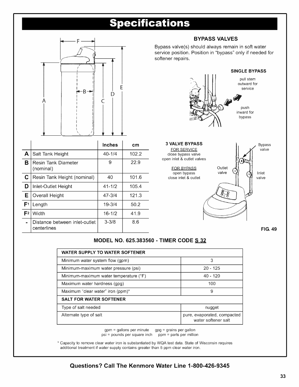 Bypass valves, Fig. 49, Model no. 625.383560 - timer code s 32 | Kenmore 625.38356 User Manual | Page 33 / 48