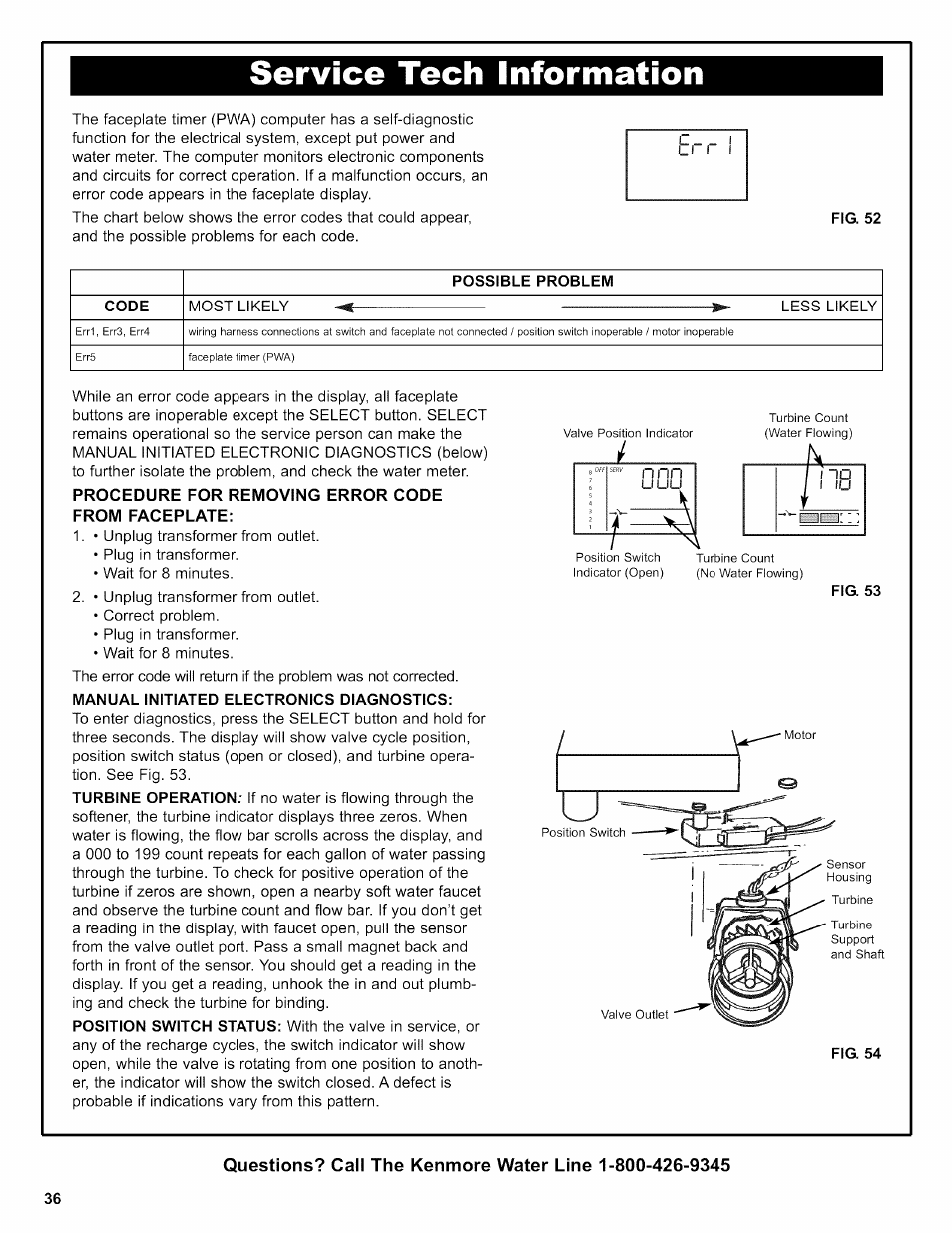 Service tech information, Fig. 52, Possible problem | Code, Procedure for removing error code from faceplate, Manual initiated electronics diagnostics, Fig. 54, Service tech information -41, 000 it | Kenmore 625.38356 User Manual | Page 36 / 48