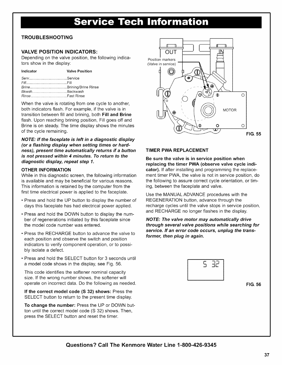 Troubleshooting, Valve position indicators, Other information | Timer pwa replacement, Fig. 56, Service tech information | Kenmore 625.38356 User Manual | Page 37 / 48