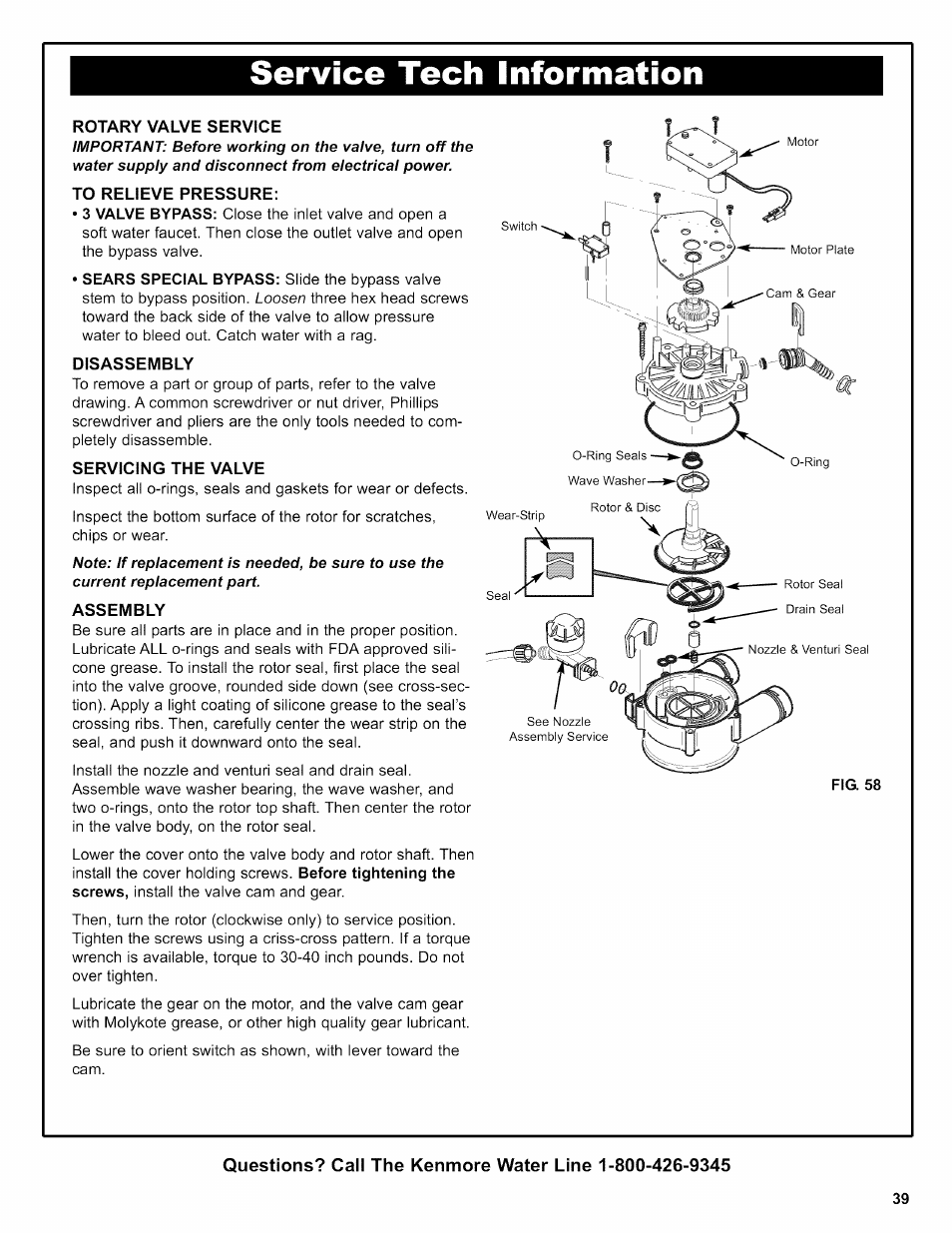 Rotary valve service, To relieve pressure, Disassembly | Servicing the valve, Assembly, Service tech information | Kenmore 625.38356 User Manual | Page 39 / 48