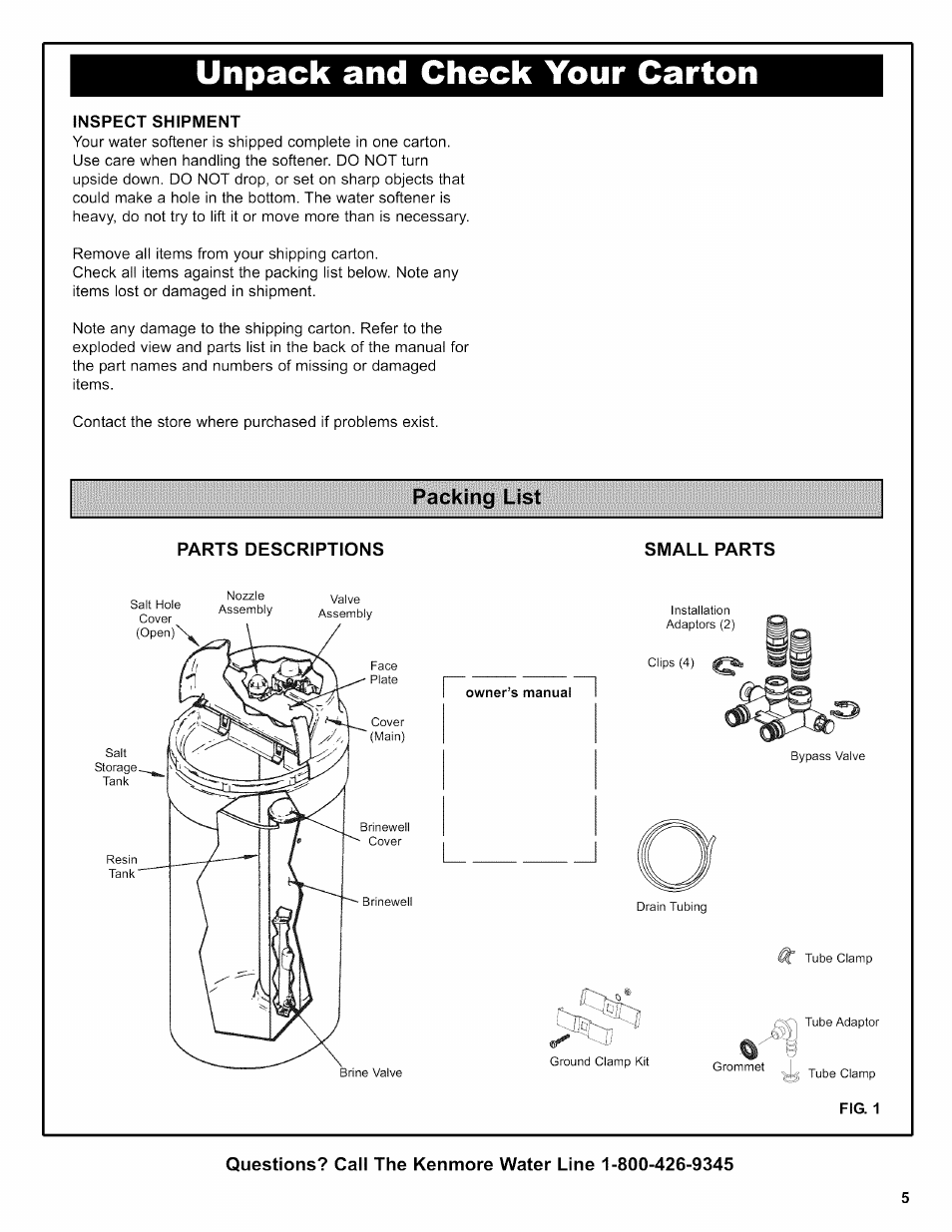 Unpack and check your carton, Inspect shipment, Parts descriptions | Packing list, Parts descriptions small parts | Kenmore 625.38356 User Manual | Page 5 / 48