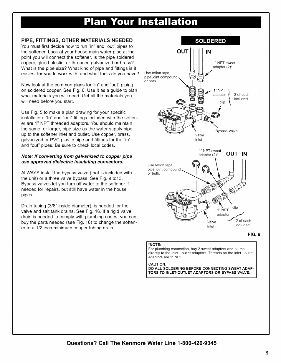 Pipe, fittings, other materials needed, Soldered, Out in | Plan your installation | Kenmore 625.38356 User Manual | Page 9 / 48