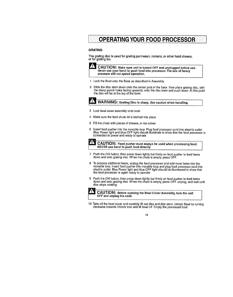 Operating your food processor, Caution, Warning | Pusher must always be used when processing, Hand, Push, Directly, Unit, Unplug | Kenmore 100.90002 User Manual | Page 10 / 18