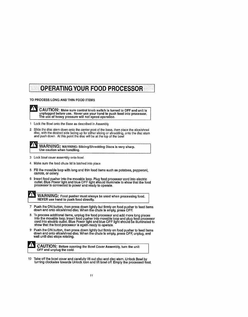 Operating your food processor, Caution | Kenmore 100.90002 User Manual | Page 11 / 18