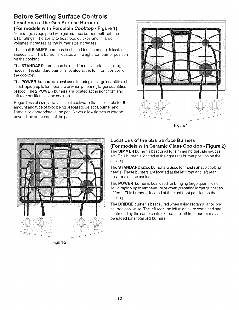 Before setting surface controls, Locations of the gas surface burners, For models with porcelain cooktop - figure 1) | Before setting surface controis -10 | Kenmore ELITE 790.367 User Manual | Page 10 / 46