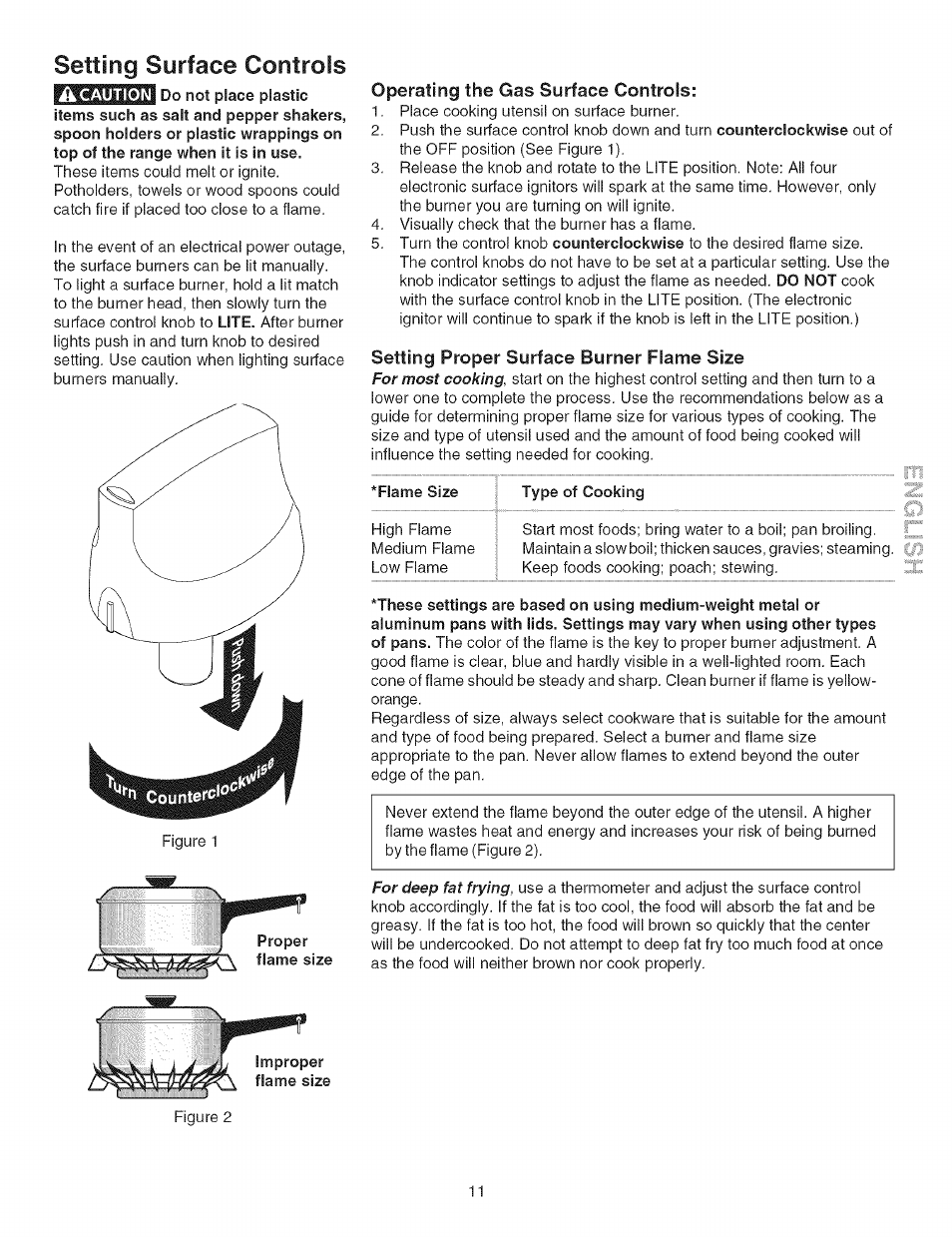 Operating the gas surface controls, Type of cooking, Setting surface controls | Setting proper surface burner flame size | Kenmore ELITE 790.367 User Manual | Page 11 / 46