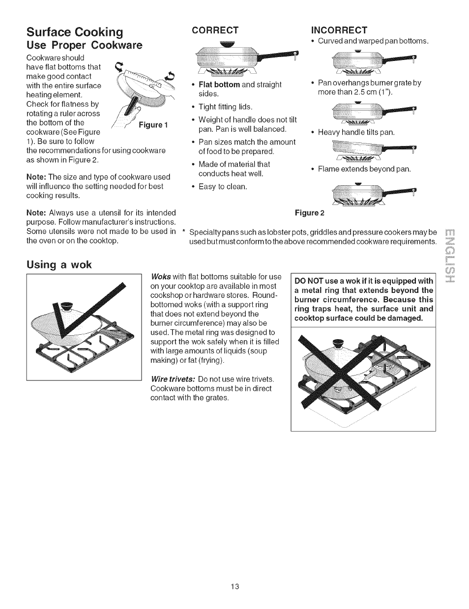 Surface cooking, Correct, Incorrect | Using a wok, Surface cooking -14, Use proper cookware | Kenmore ELITE 790.367 User Manual | Page 13 / 46