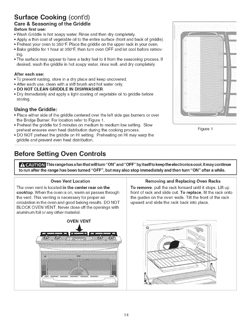 Surface cooking (confd), Care & seasoning of the griddle, Do not clean griddle in dishwasher | Using the griddle, Before setting oven controls, À caution, Oven vent location, Oven vent, Removing and replacing oven racks, Setting oven controis -33 | Kenmore ELITE 790.367 User Manual | Page 14 / 46