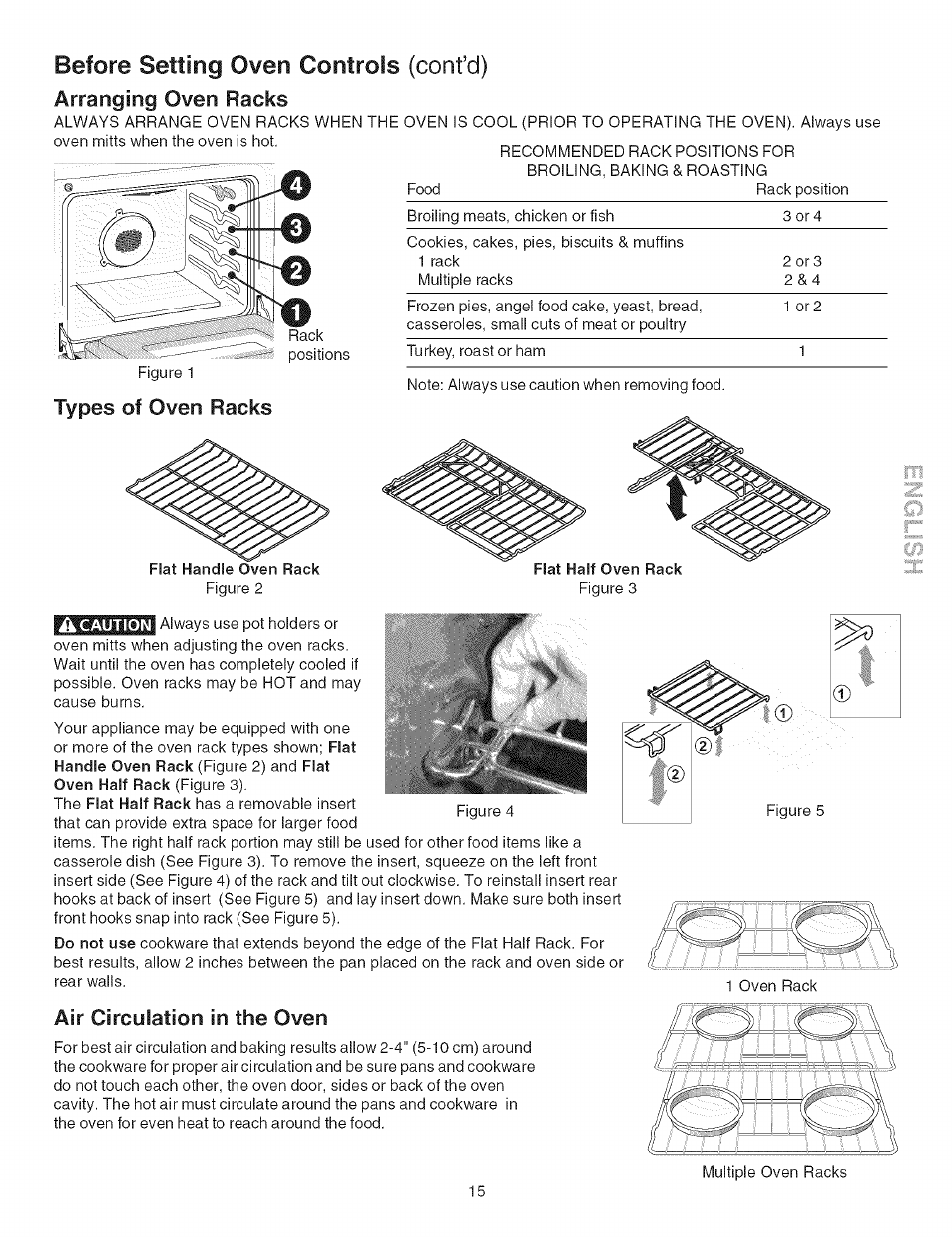 Types of oven racks, Flat half oven rack, Ik caution | Air circulation in the oven, Air circuiation in the oven, Before setting oven controls (confd), Arranging oven racks | Kenmore ELITE 790.367 User Manual | Page 15 / 46