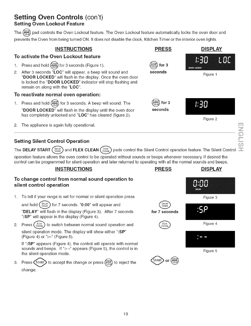 Instructions, To activate the oven lockout feature, To reactivate normal oven operation | Press, Display, Setting silent control operation, The delay start and flex clean, U-uu, Setting oven controls (con’t), Oven lockout feature | Kenmore ELITE 790.367 User Manual | Page 19 / 46