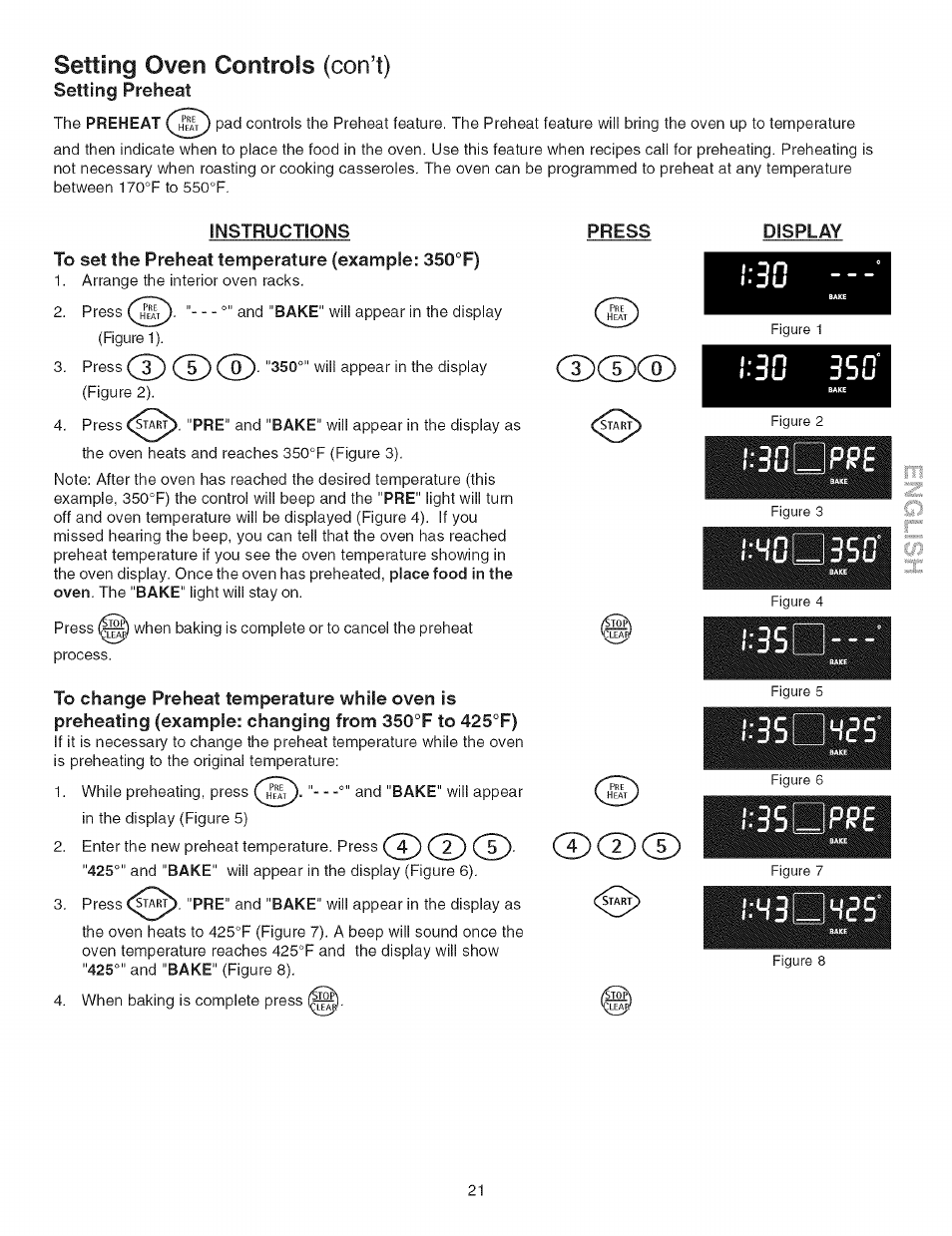 Instructions, To set the preheat temperature (example: 350°f), Press | Display, D cd, Cd cd cd, Cdcdcd cd cd cd, Setting oven controls (con’t), Preheat | Kenmore ELITE 790.367 User Manual | Page 21 / 46