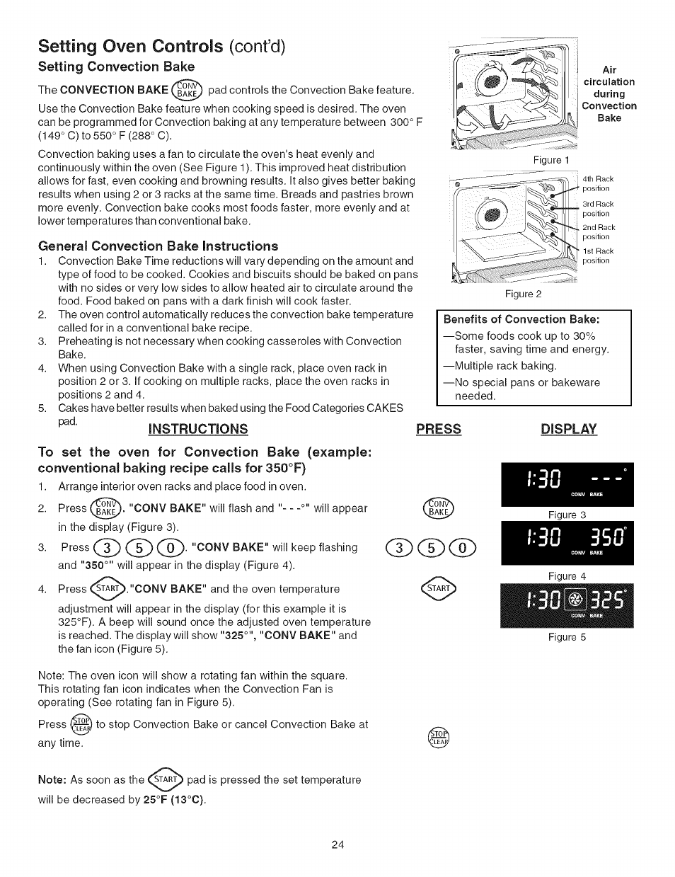 Setting oven controls (confd), Setting convection bake, General convection bake instructions | Benefits of convection bake, Instructions, Press, Display, I«ii | Kenmore ELITE 790.367 User Manual | Page 24 / 46