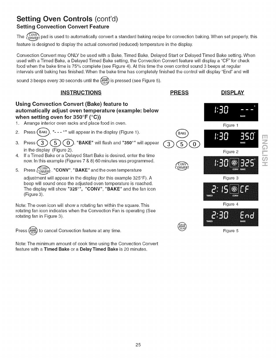 Instructions, Display, Ct"3ú v^o | Setting oven controls (confd), Setting convection convert feature | Kenmore ELITE 790.367 User Manual | Page 25 / 46