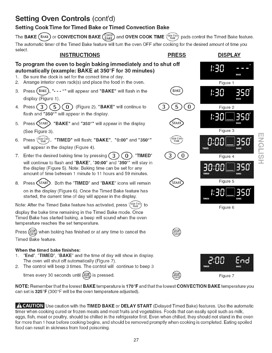 Instructions press, When the timed bake finishes, G-uu | Cdd), Setting oven controls (cont’d) | Kenmore ELITE 790.367 User Manual | Page 27 / 46