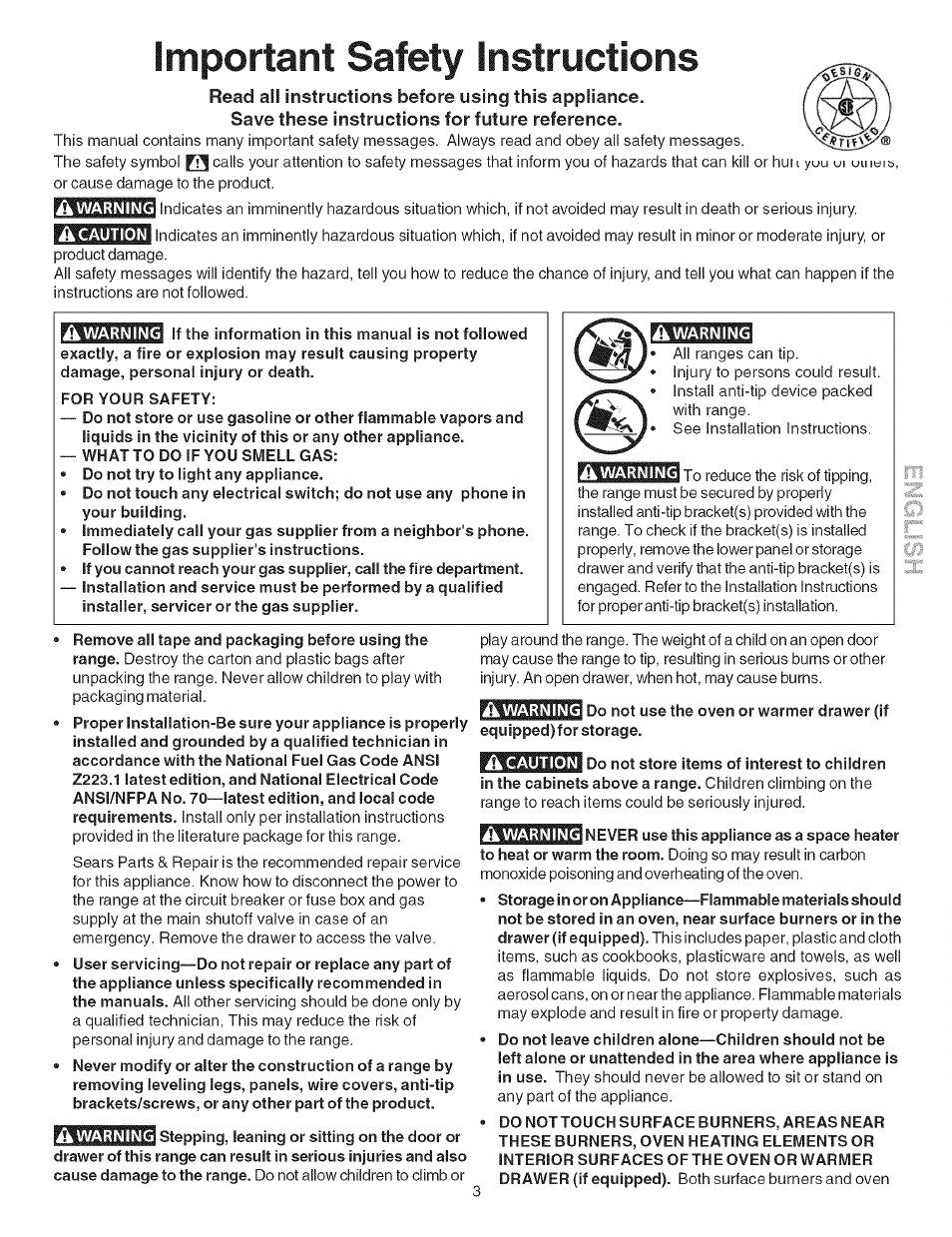 Read all instructions before using this appliance, Save these instructions for future reference, Important safety instructions | Kenmore ELITE 790.367 User Manual | Page 3 / 46