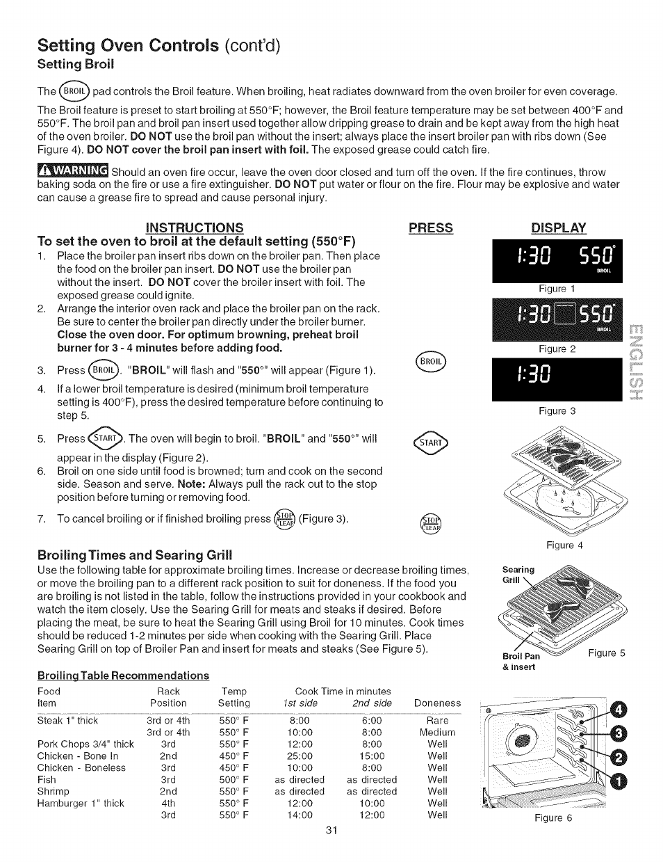 Instructions, Press, Display | Broiling times and searing grill, Setting oven controls (confd), Setting broil | Kenmore ELITE 790.367 User Manual | Page 31 / 46