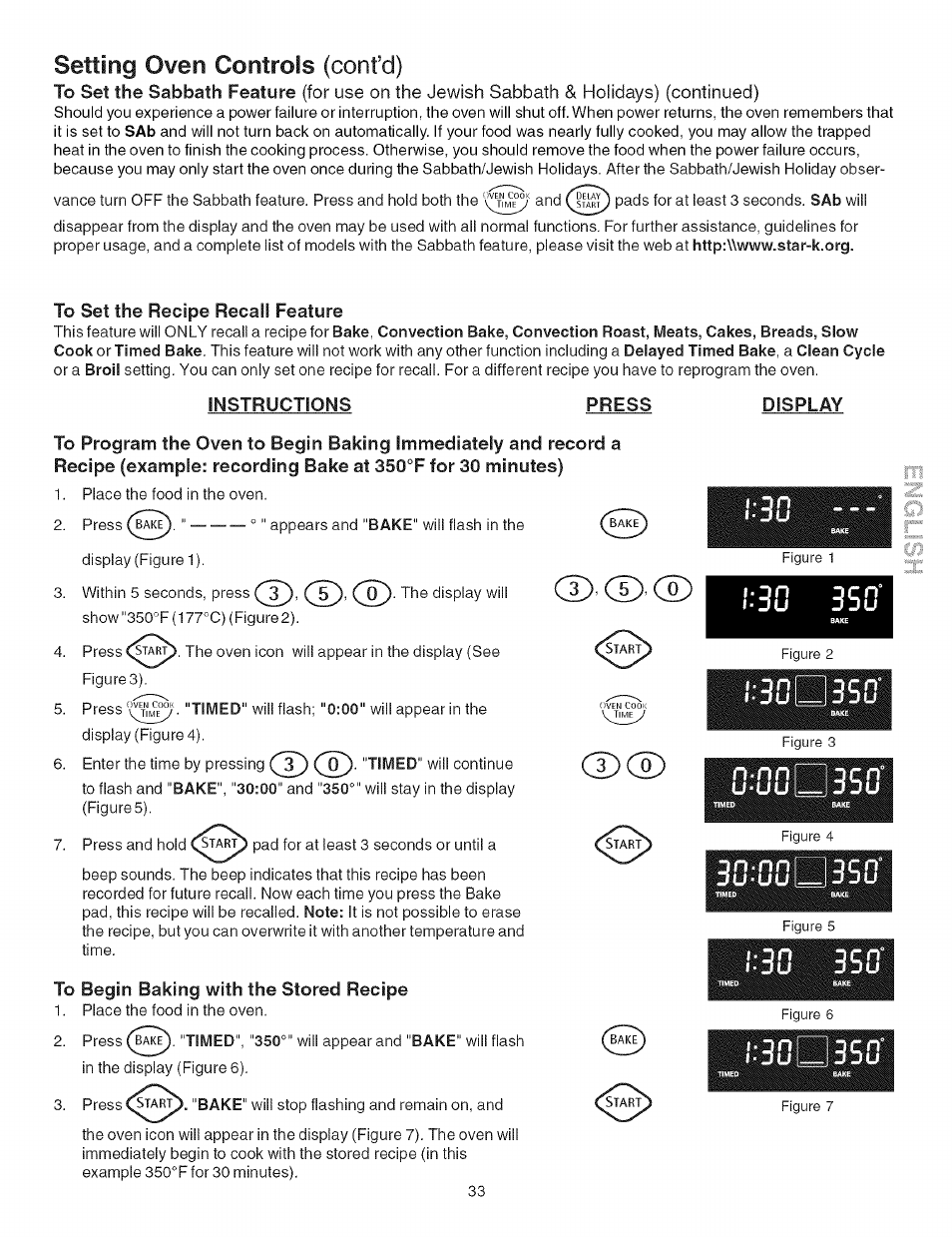 To set the recipe recall feature, Instructions, Press | Display, To begin baking with the stored recipe, Cd-cd, Cd cd, Liiil ¡"lio, Setting oven controls (confd) | Kenmore ELITE 790.367 User Manual | Page 33 / 46