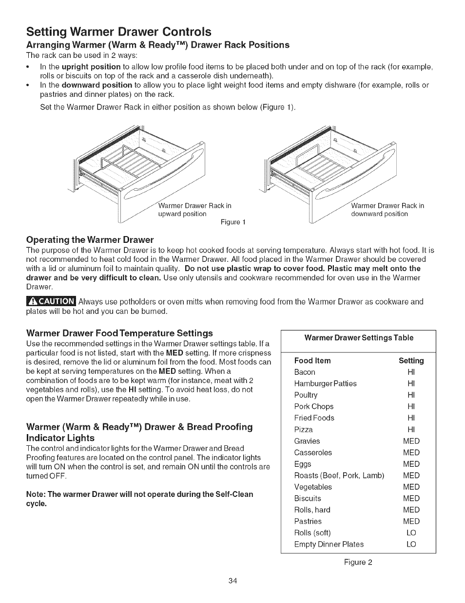 Operating the warmer drawer, Warmer drawer food temperature settings, Setting warmer drawer controls | Kenmore ELITE 790.367 User Manual | Page 34 / 46