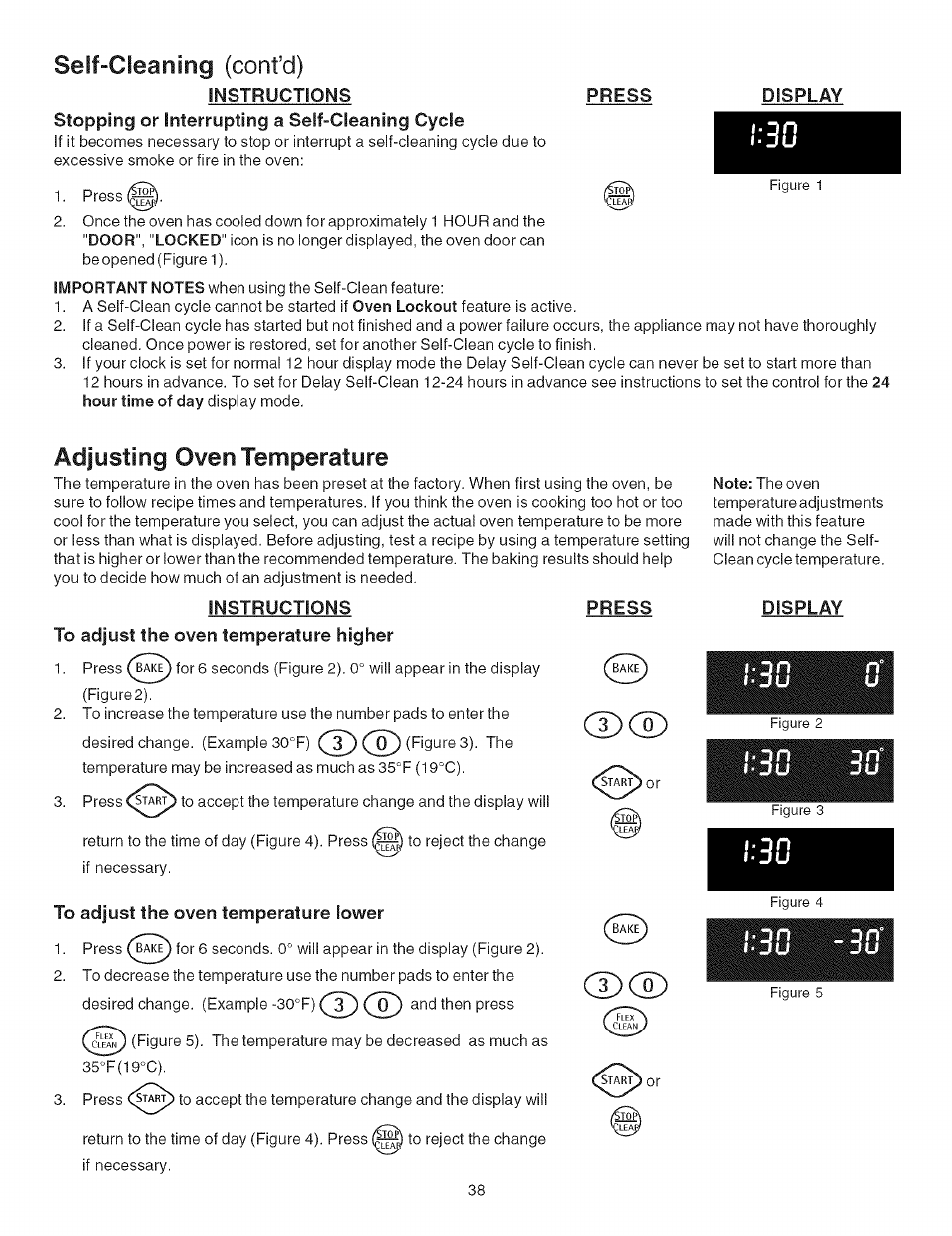 Self-cleaning (confd), Instructions press, Adjusting oven temperature | Instructions, To adjust the oven temperature higher, To adjust the oven temperature lower, Self-cleaning, Confd) | Kenmore ELITE 790.367 User Manual | Page 38 / 46