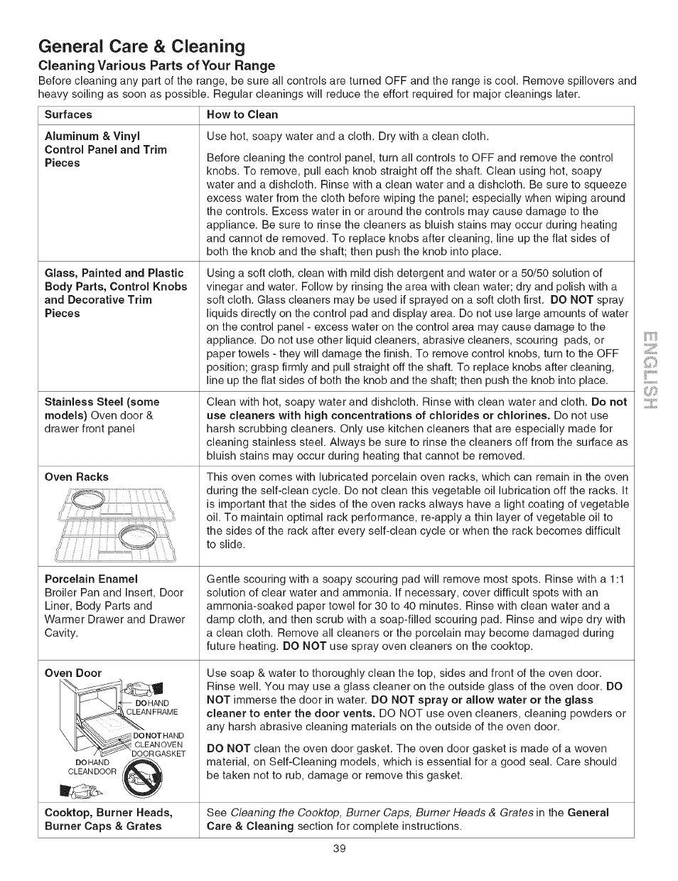 General care & cleaning, Cleaning various parts of your range, How to clean | General care & cleaning -43 | Kenmore ELITE 790.367 User Manual | Page 39 / 46