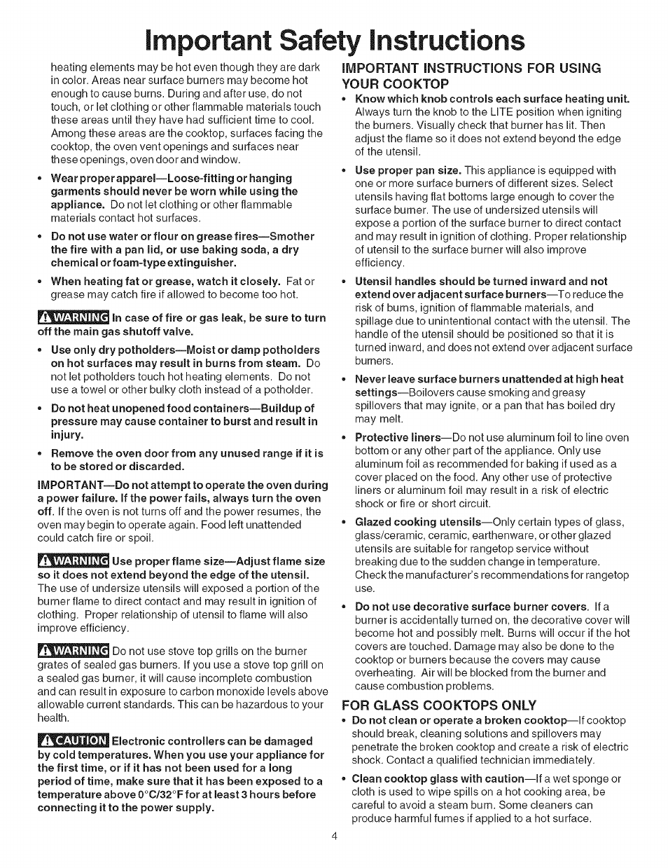 Important instructions for using your cooktop, Do not use decorative surface burner covers. if a, For glass cooktops only | Important safety instructions | Kenmore ELITE 790.367 User Manual | Page 4 / 46