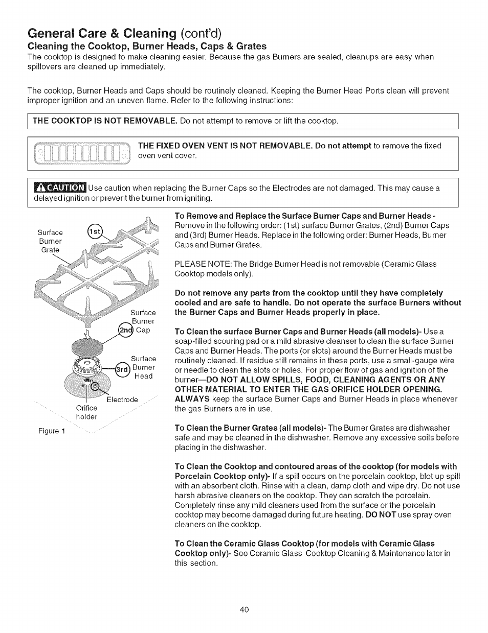 General care & cleaning (confd), Cleaning the cooktop, burner heads, caps & grates | Kenmore ELITE 790.367 User Manual | Page 40 / 46