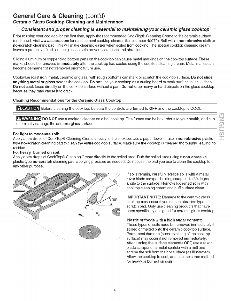 General care & cleaning (cont’d), Ceramic glass cooktop cleaning and maintenance, For light to moderate soil | Plastic or foods with a high sugar content | Kenmore ELITE 790.367 User Manual | Page 41 / 46