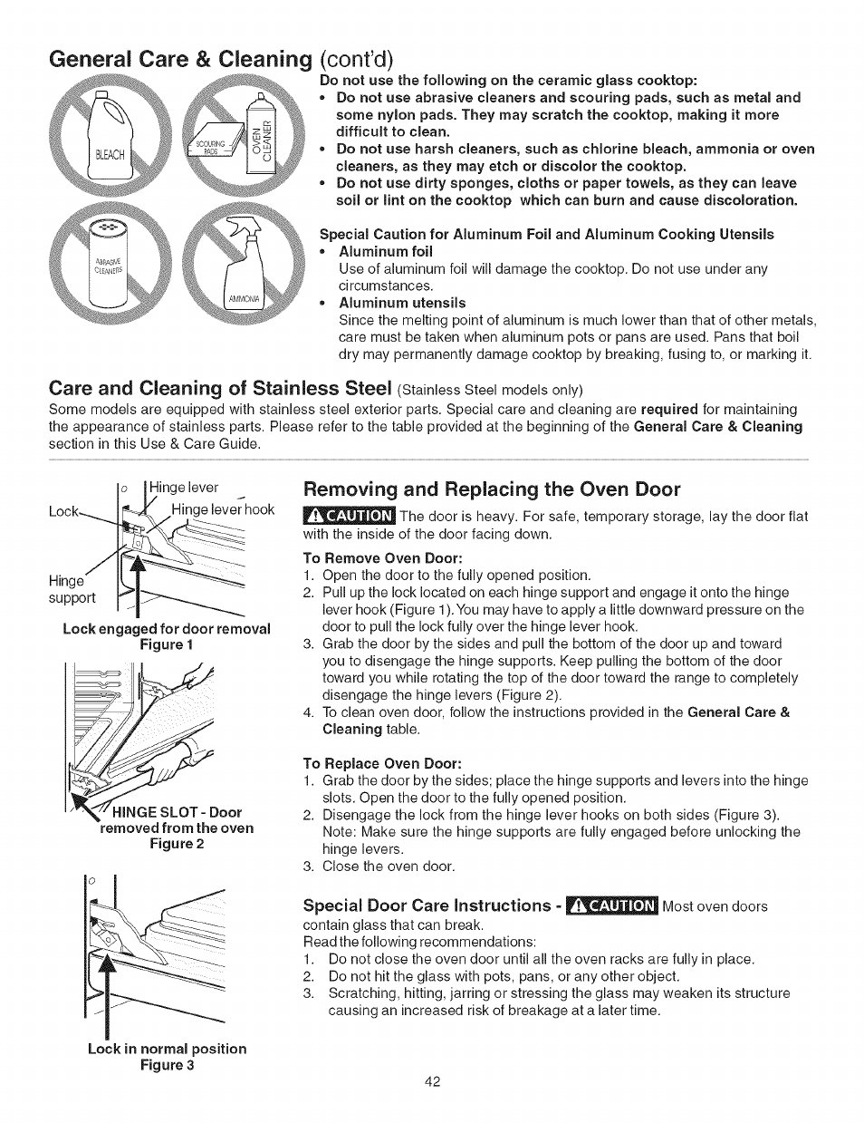 General care & cleaning (confd), Removing and replacing the oven door, To remove oven door | To replace oven door, Special door care instructions, Steel, Care and cleaning of stainless steel | Kenmore ELITE 790.367 User Manual | Page 42 / 46