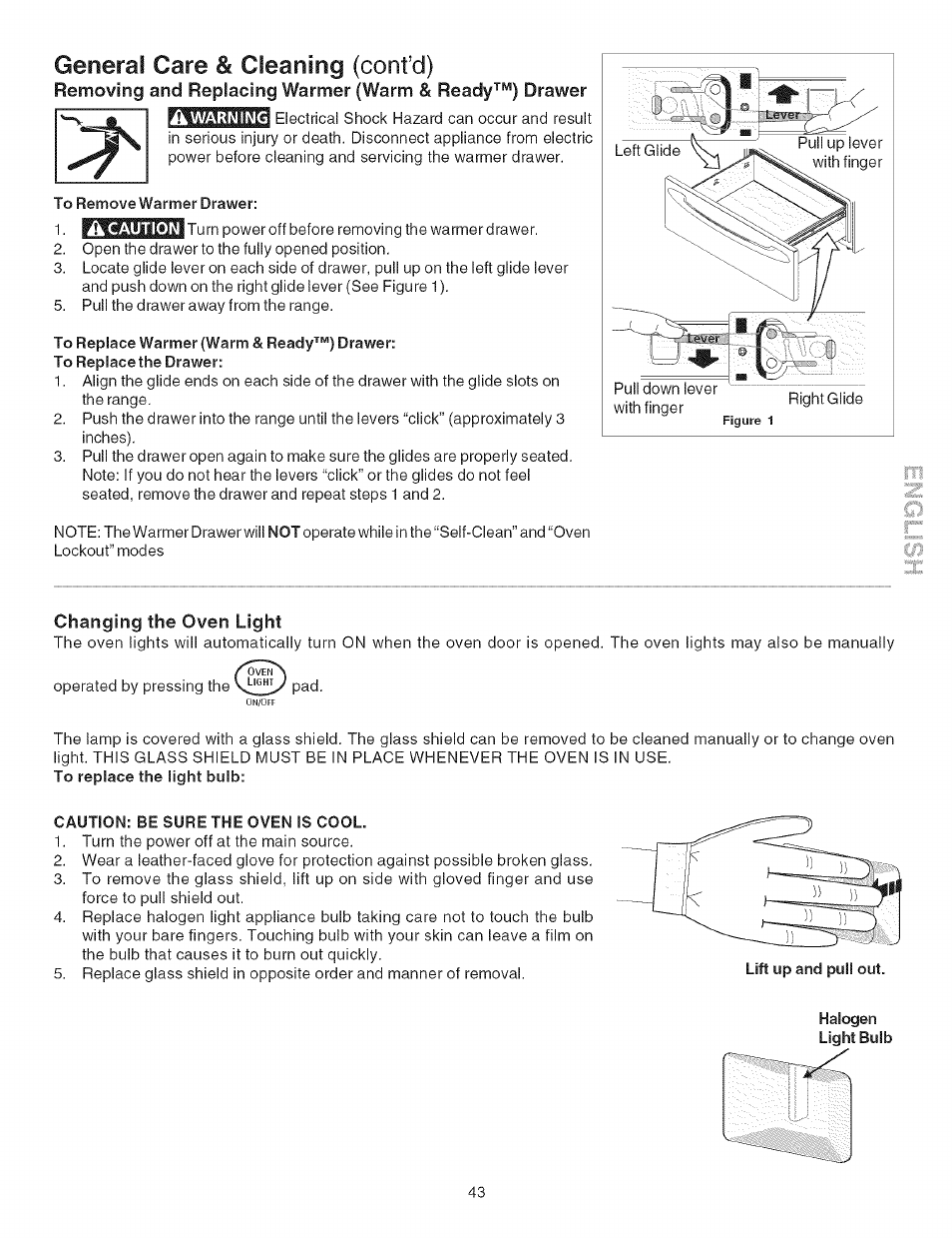 General care & cleaning (confd), To remove warmer drawer, To replace warmer (warm & ready™) drawer | Changing the oven light, Caution: be sure the oven is cool, Halogen light bulb | Kenmore ELITE 790.367 User Manual | Page 43 / 46