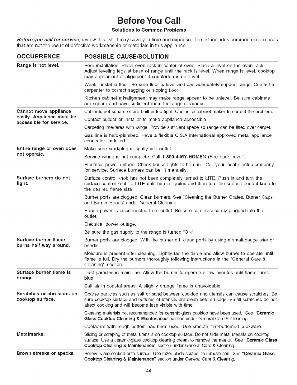 Occurrence, Possible cause/solution, Before you cali | Kenmore ELITE 790.367 User Manual | Page 44 / 46