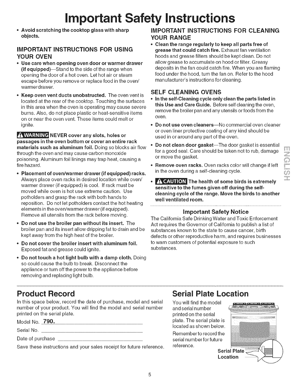 Important instructions for cleaning your range, Self cleaning ovens, Important safety notice | Product record, Important safety instructions, Plate location, Serial | Kenmore ELITE 790.367 User Manual | Page 5 / 46