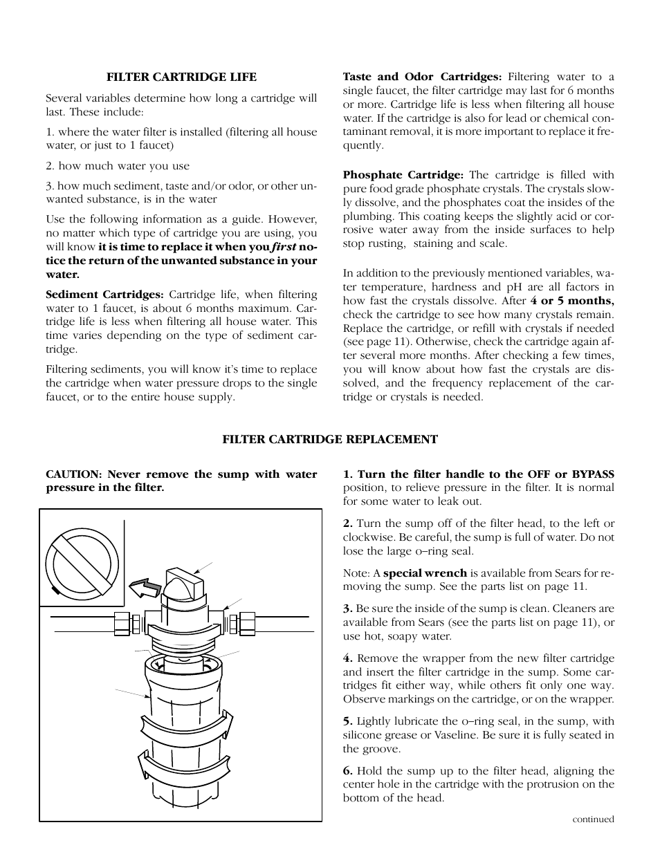 Filter cartridge / useful life / replacement | Kenmore 625.343420 User Manual | Page 9 / 12