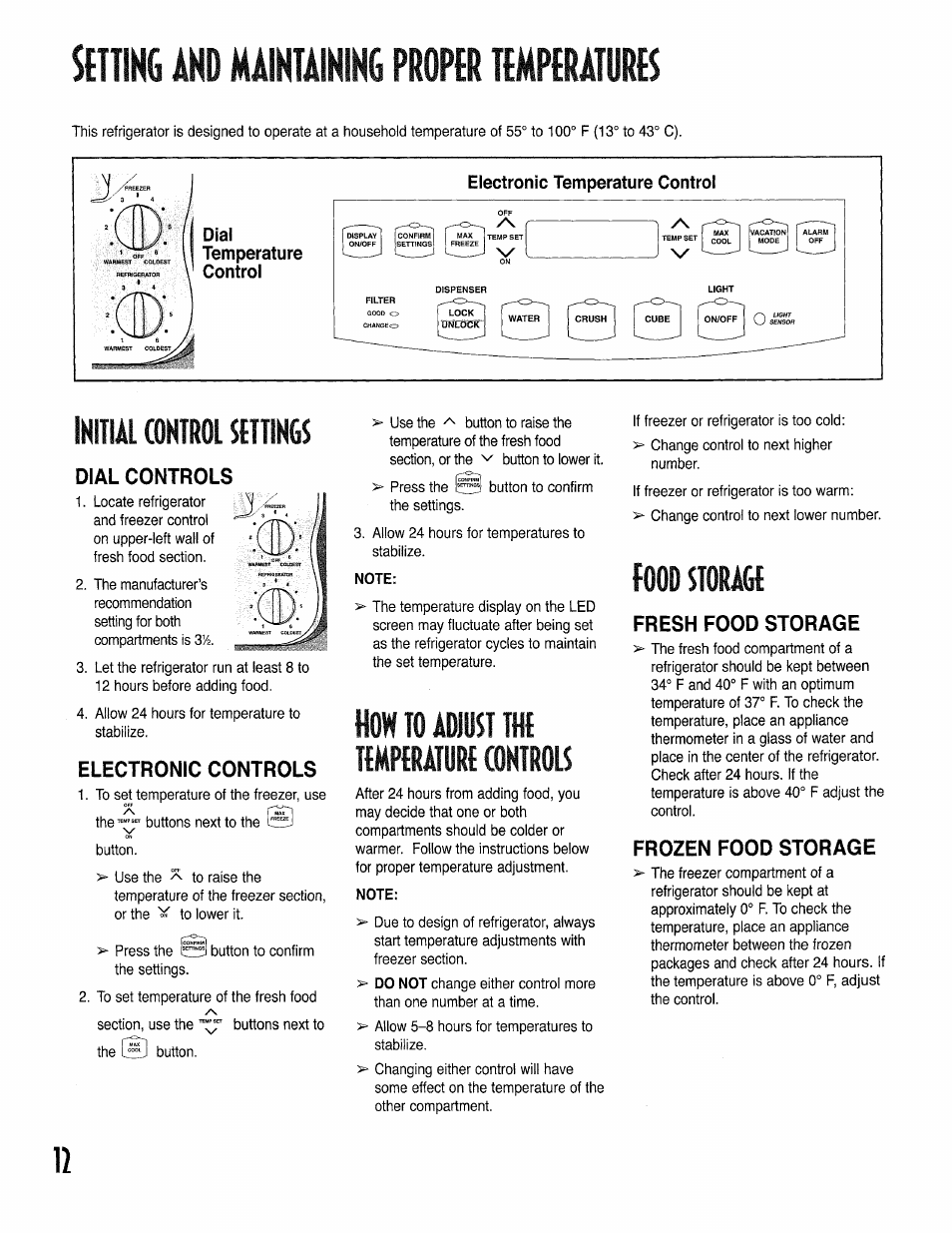 Settm jihd mwm prokr iemphia, Ikitul (oktrol stttihgs, Dial controls | Electronic controls, How to adiust the temperature (oktrols, Food storage, Fresh food storage, Frozen food storage, Fresh food storage frozen food storage, Door storage | Kenmore 596.50002100 User Manual | Page 12 / 88
