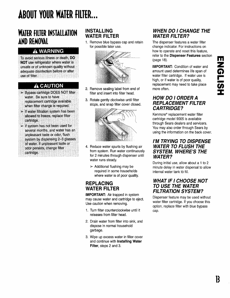 About your mb tilttr, Water filter installation and removal, À warning | Â caution, Installing water filter, Replacing water filter, About your, Tilttr | Kenmore 596.50002100 User Manual | Page 13 / 88