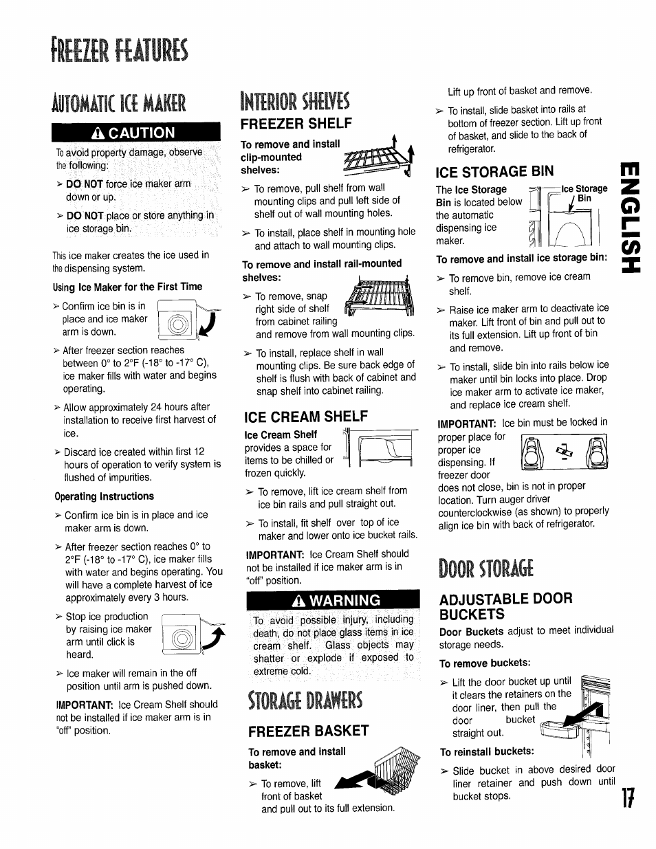 Mm f(aiü, Lülouc k m№1, À caution | Intirior sms, Freezer shelf, To remove and install rail-mounted shelves, Ice cream shelf, A warning, Mm drawers, Freezer basket | Kenmore 596.50002100 User Manual | Page 17 / 88