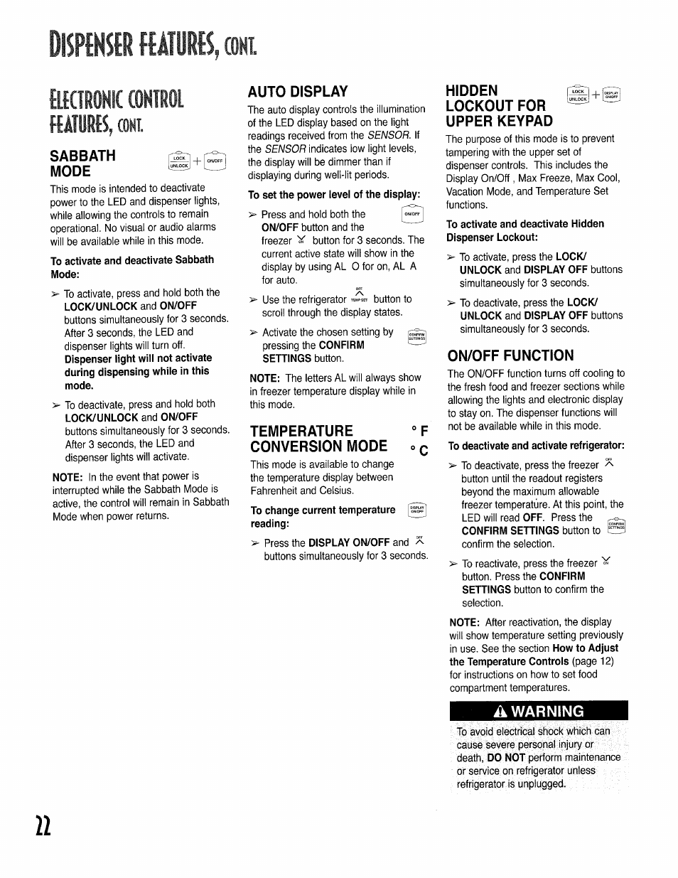 Aictronk control haturb, coni, Sabbath mode, To activate and deactivate sabbath mode | Auto display, Temperature conversion mode, Hidden lockout for upper keypad, On/off function, A warning, Hàtims, Aictronk control haturb | Kenmore 596.50002100 User Manual | Page 22 / 88