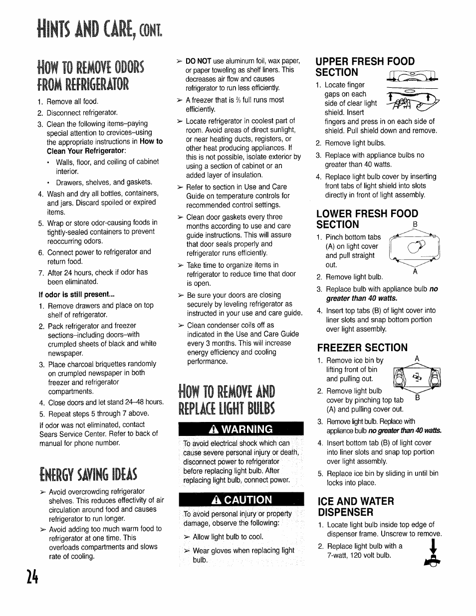 How to rtmovt odors from refrigerator, Fkergy saying ideas, How to remove and replace light bulbs | A warning, A caution, Upper fresh food, Section, Lower fresh food, Section b, Freezer section | Kenmore 596.50002100 User Manual | Page 24 / 88