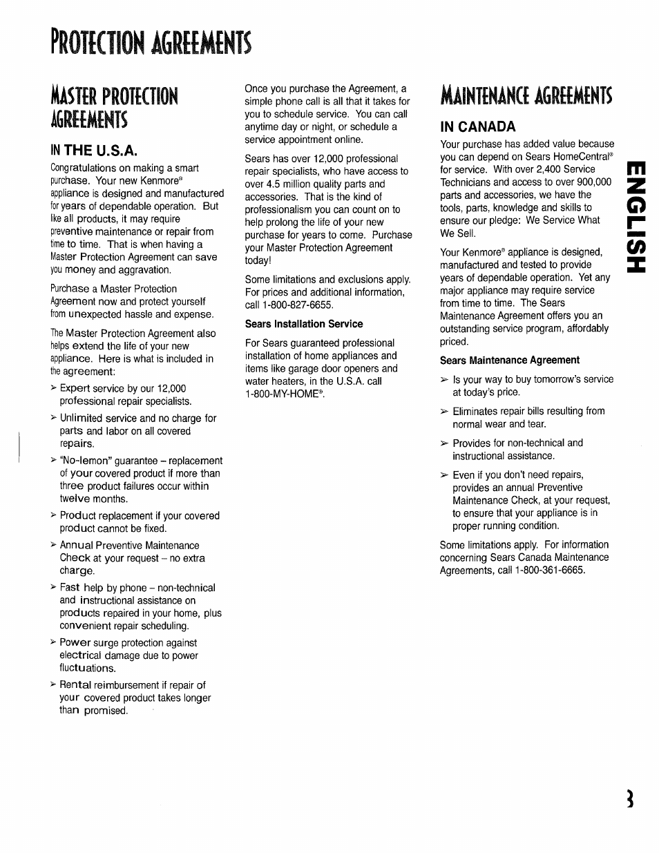 Protktion agreements, Master protection i^reements, In the u.s.a | Sears installation service, Maintenance agreements | Kenmore 596.50002100 User Manual | Page 3 / 88